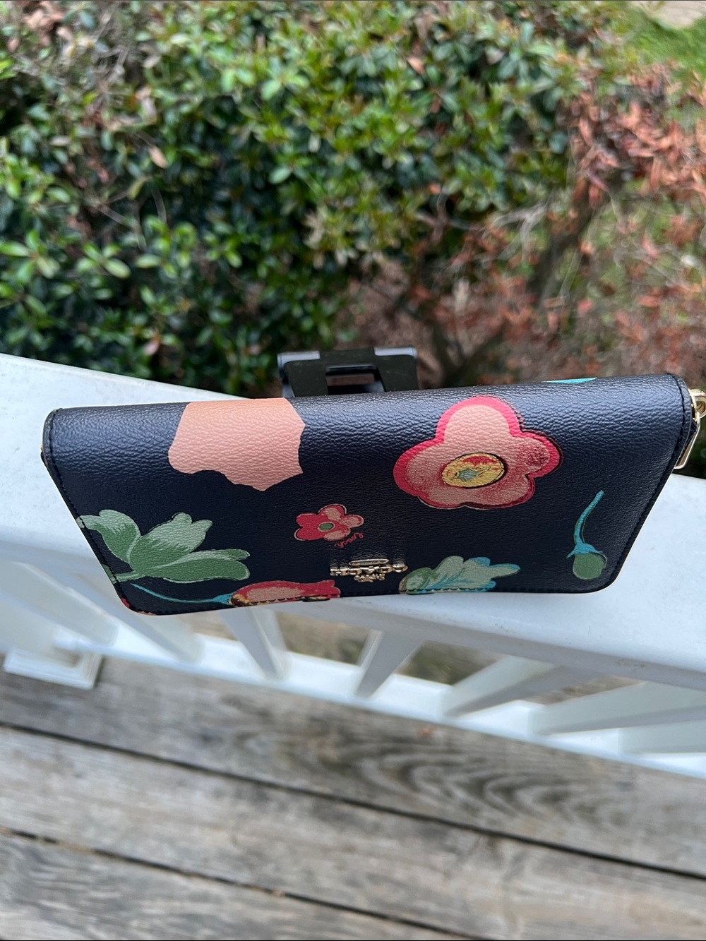 Coach Black Floral Zip-Around Wallet with Pink and Green Blooms - Picture 6 of 16